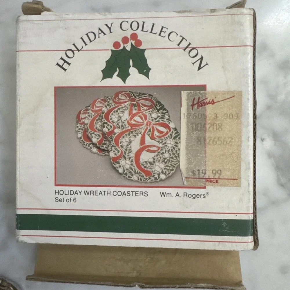 Vintage Holiday 6 Wreath Coasters Oneida Japan Silver Plate, Rogers 1988